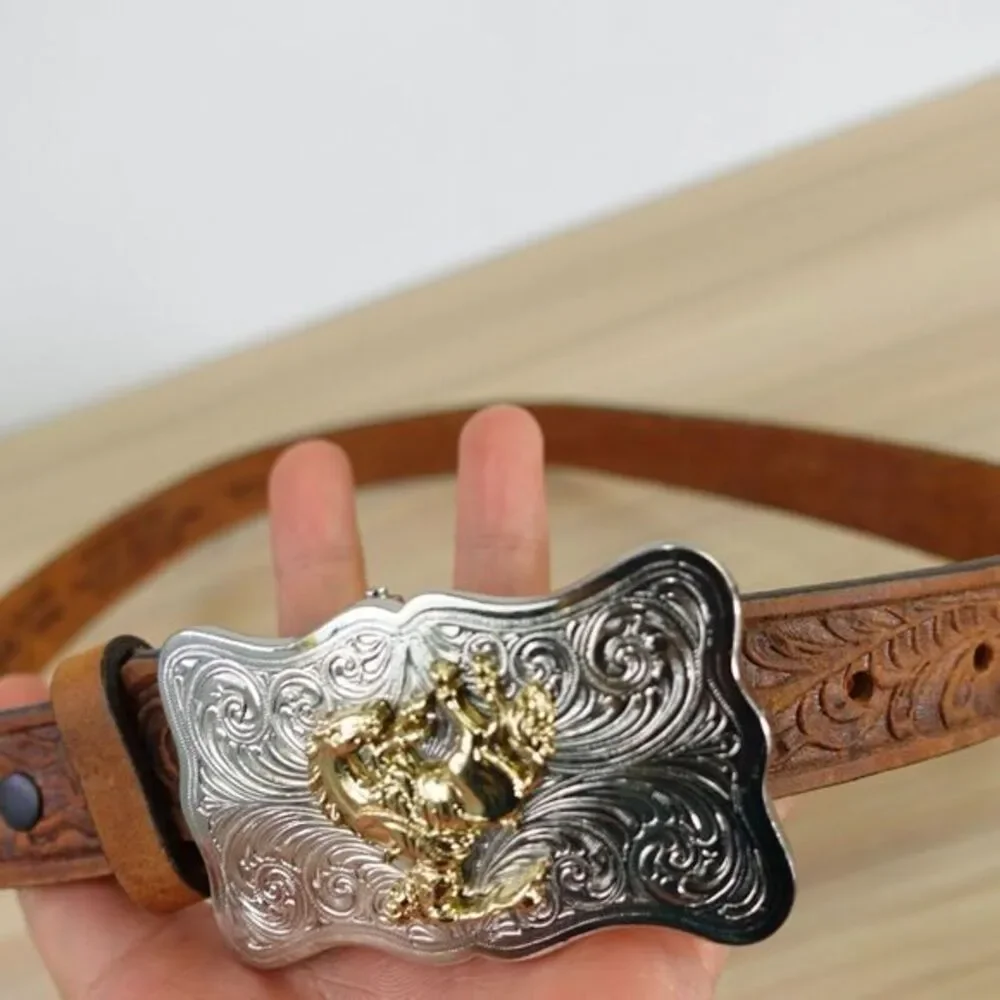 Western Top Grain Leather Belt‎ XS 28 JUSTIN Brown Tooled Rodeo Cowboy Buckle